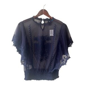 Day trip Elegant Navy Lace & Embroidered Women's Top Size L NWT